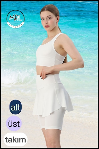 Kadın Mayo Takım Yüksek Bel Biker Etekli Şort Ve Pedli Crop Likralı Çabuk Kuruyan Kumaş Plaj Giyim Ekru