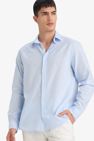 Defacto Regular Fit Polo Yaka Keten Karışımlı Yazlık Uzun Kollu Gömlek E0518ax25smbe656 Mavi