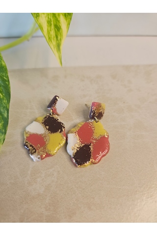 El Yapımı Polimer Kil Küpe - Paslanmaz Çelik Aparatlı Altın Varaklı Çok Renkli Çiçek Formlu Sallantılı Küpe Rose Gold