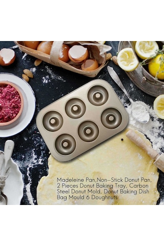 Xurunkeji Madeleine Pan, Yapışmaz Donut Tepsisi, 2 Parça Donut Pişirme Tepsisi, Karbon Çelik Donut Kalıbı, 6 Donutluk Donut Pişirme Kabı Poşeti Kalıbı Altın