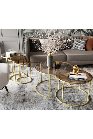 Dekoport Milas Gold Orta Ve Zigon Sehpa Seti - Bronz Cam Gold Bronz