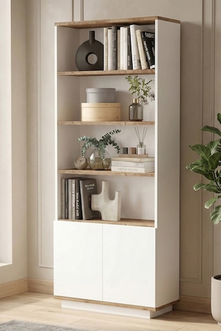 Yurudesign Future Kitaplık Raf 2 Kapaklı Raflı 168cm Çam-Beyaz FR16-AW
