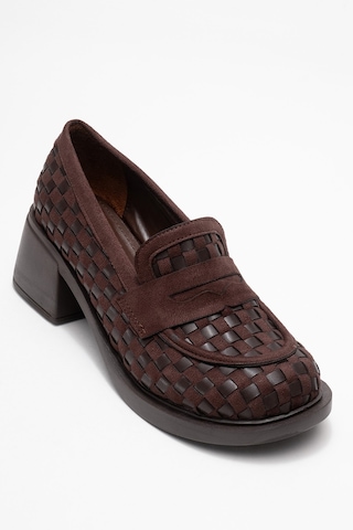 Luvishoes Luvi Shoes Marlon Kahverengi Örgülü Kadın Kalın Topuklu Loafer Ayakkabı Kahverengi