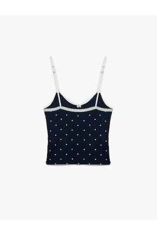Koton Dantel Detaylı U Yaka Askılı Düğmeli Puantiyeli Atlet Pijama Lacivert Desenli 6slk90050mk 7d2