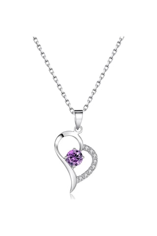 Brezza Lusso Jewelry Gümüş Zirkon Taşlı Kadın Kalp Gümüş Kolye Mor