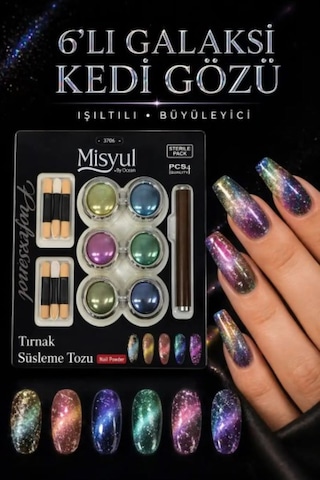Misyul 6'lı Galaksi Kedi Gözü Oje Etkisi Cat Eye Toz Seti Mıknatıs Hediyeli Manyetik Nail Art Süsleme Kiti