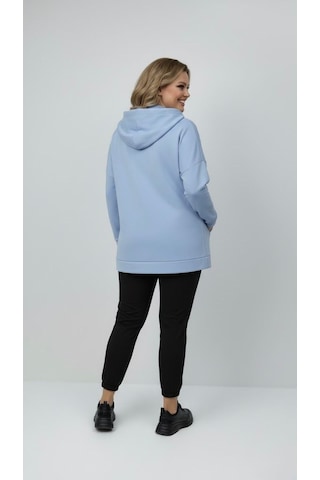 Koza Butik Kadın Büyük Beden Uzun Kollu Kapüşonlu Fermuar Detaylı Sweatshirt 2007 Mavi