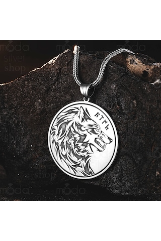 925 Ayar Gümüş Göktürk Türk Yazılı Bozkurt Tasarım Yuvarlak Erkek Kolye Gümüş