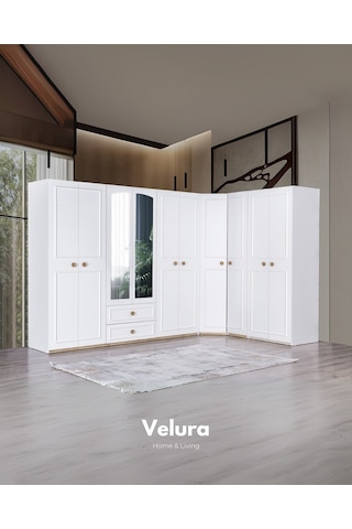 Legna 10 Kapaklı Aynalı Köşe Gardırop Dolap Beyaz - Ceviz