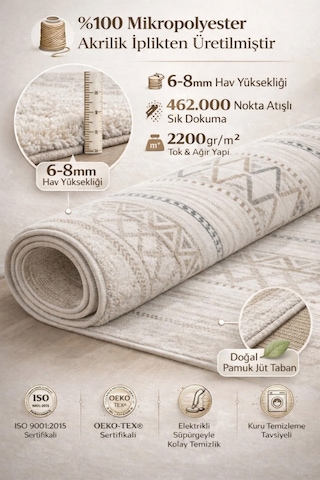 %100 Akrilik Sık Dokuma Modern Salon Halısı Hav Yüksekliği 2200 Gr/m² 4 Mevsim Pamuk Jüt Taban Çok Renkli