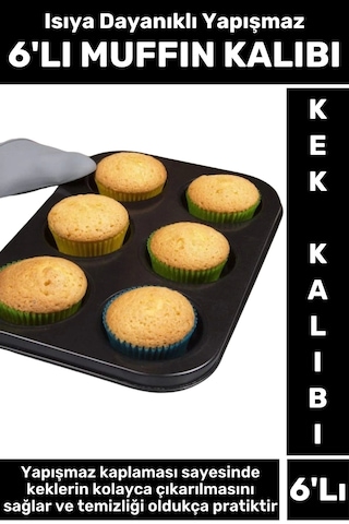 Premium Isıya Dayanıklı Yapışmaz Kolay Temizlenir Kek Brownie Cupcake 6'lı Muffin Kek Kalıbı Çok Renkli
