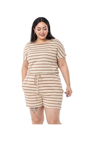 Büyük Beden Düşük Kollu Beli Lastikli Cepli Vizon Çizgili Şort Tulum-vizon Vizon