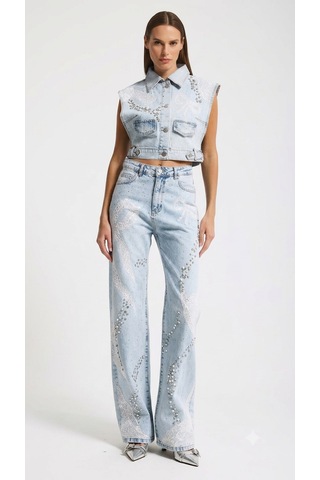 Meryu Ticaret Jeans Pantolon Straight Fit Taş İnci Dantel Detaylı Özel Tasarım Denim Buz Mavi