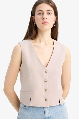 DeFacto  V Yaka Keten Karışımlı Beyaz Blazer Yelek D0513AX25SMBG78 Bej