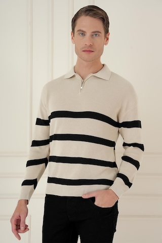 Efor Slim Fit Çizgili Fermuarlı Polo Yaka Bej Triko Kazak Tr 877 Bej