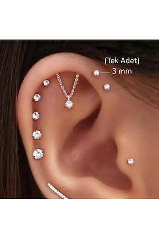 3 Mm Tektaş Cerrahi Çelik Piercing Tragus Helix Kıkırdak Conch Gümüş Renk 8 Mm Altın