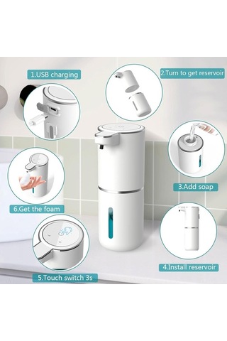 Bosphorusboutique02 Otomatik Köpük Sabun Dağıtıcı 400ml - Usb Şarjlı, Duvar Montajlı, 4 Seviye Ayarlanabilir, Beyaz Mutfak/banyo Kullanımı Beyaz