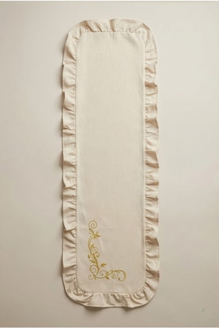 Nakış Detaylı Fırfırlı Masa Runner 40x120 Cm Şık Dekoratif Masa Ve Konsol Örtüsü Bej