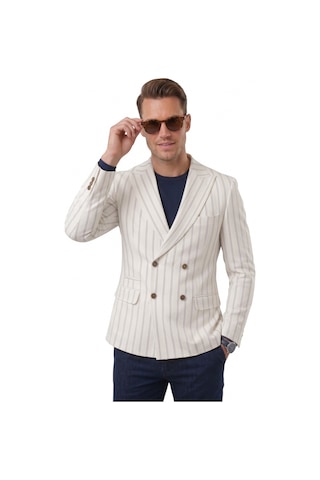 Deepsea Erkek Beyaz Çizgili Kruvaze Blazer Ceket Slim Fit Modern Kesim Şık Yazlık Ceket 2600814