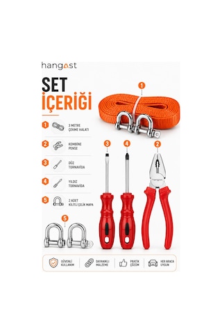 Araç İçi Güvenlik Seti Pense+tornavida+3 Metre Çeki Halatı
