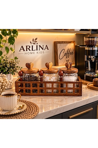 3 Lü 570 Ml Cam Kavanoz & Ahşap Stand Seti Şeffat Cam - Akasya Ahşap Kapak