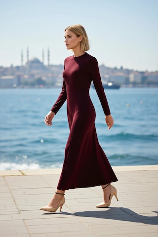 Benerly Kadın Maxi Elbise A Kesim Bisiklet Yaka Uzun Standart Kol Örme Dö Bordo