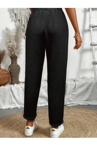 Simala Kadın Yüksek Bel Lastikli Belde Bağcık Detaylı Aerobin Pantolon Siyah