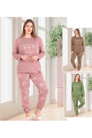 Dowry Büyük Beden Battal Kışlık Uzun Kol Pijama Takımı Pembe