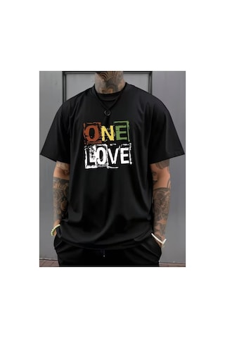 Erkek One Love Grafik Basklı Komfort T-shirt Siyah