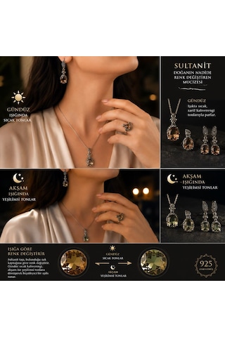 925 Ayar Gümüş Sertifikalı Sultanit Takı Seti Kolye Küpe Yüzük Işığa Göre Renk Değiştiren Zultanit Taş Şık Set