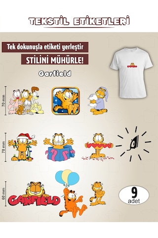 Ütü İle Yapışan Kıyafet Etiketi Garfield 9lu Set Karışık