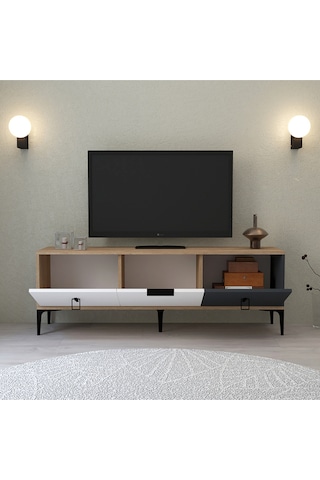 3501 Neva Tv Ünitesi 150 Cm Kapaklı Sepet - Beyaz - Antrasit Tv Sehpası Sepet-beyaz-antrasit