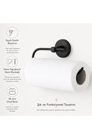 Lotus Siyah Kağıt Havluluk, Yapışkanlı Ve Vidalı Montajlı Rulo Havlu Askısı, Mat Siyah Statik Boyama, 35 Mm Oval Bantlı Mutfak Ve Banyo Kağıt Havlu Tutucu Diğer