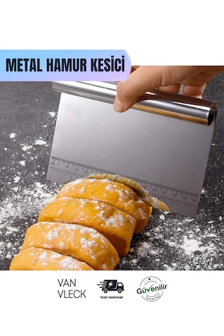 Paslanmaz Çelik Hamur Kesme Spatulası Ölçü İşaretli, Pasta Hamuru Kesici Ve Kazıyıcı Metalik Gri
