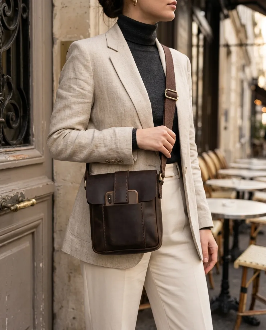Natderi Unisex Hakiki Deri Siyah & Acı Kahve Seçenekli Postacı Çantası Ayarlanabilir Askılı Çapraz Çanta 24x21 Cm Acı Kahverengi