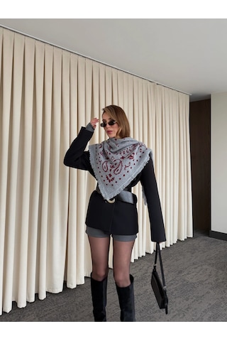 Laluvia Gri - Bordo Desenli Triko Şal - 251003 Bordo - Gri