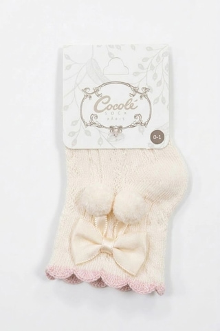 Cocole Socks Kız Çocuk Aksesuarlı Soket Çorabı Tekli Pamuklu Ponponlu Ekru Desenli