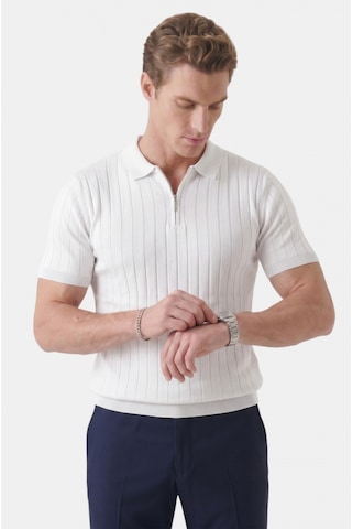 Deepsea Erkek Beyaz Polo Yaka Fermuarlı Çizgi Dokulu Regular Fit Likralı Triko Tişört 2608008