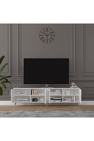 Asra Trend Tv Ünitesi T-01 %100 MDF 160 cm Tv Sehpası 4 Kapaklı Raflı Beyaz