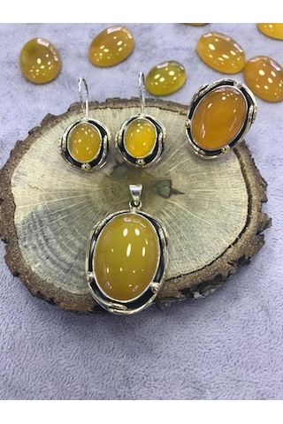 Sarı Akik Taşlı El Işi Gümüş Set 925 Ayar
