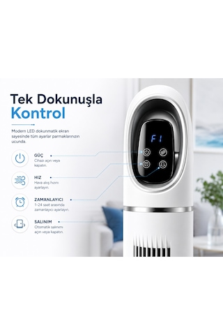 Kule Tipi Vantilatör 45 İnç, Uzaktan Kumandalı, 3 Hız Kademeli, 3 Modlu Normal/doğal/uyku , Salınımlı, Dokunmatik Kontrollü, 24 Saat Zamanlayıcılı, Beyaz