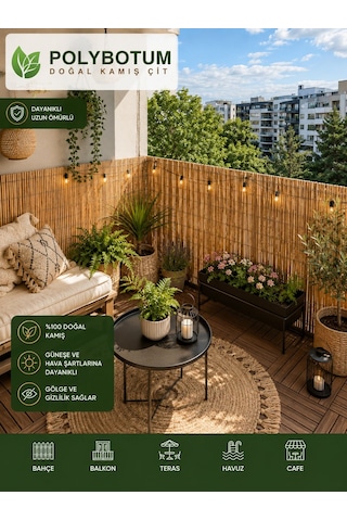 Polybotum Premium Doğal Kamış Hasır Balkon Çiti 100x300 Cm Sık