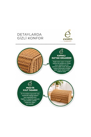 Evonıta Kapaklı Rattan Organizer Sepet Hasır Görünümlü Çok Amaçlı Banyo Makyaj Kozmetik Düzenleyici Saklama Kutusu Kahverengi