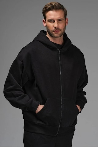 Tarzsokak Siyah Oversize 3 Iplik Kalın Içi Polarlı Fermuarlı 1.kalite Bol Kesim Düz Baskısız Sweatshirt Siyah