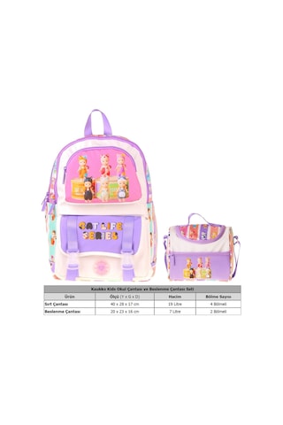 Kaukko Kids Cat Life Kız Çocuk Mor - Krem İlkokul Sırt Çantası Ve Beslenme Çanta Seti - Setkk-l5313b