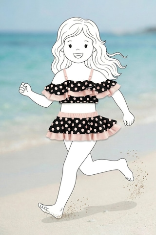Zuzunga Puantiye Desenli Fırfırlı Siyah Renk Kız Çocuk Etekli Bikini Takımı