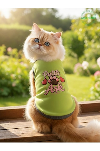 Yeşil Renkli Patili Aşk Baskılı Kedi Ve Köpek Kıyafeti Tişörtü Elbisesi Xsmall/xs/beden 0