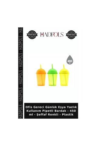 Ofis Gereci Günlük Eşya Yazlık Kullanım Pipetli Bardak - 450 Ml - Şeffaf Renkli - Plastik
