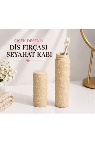 Çiçek Desenli Diş Fırçası Seyahat Kabı Hijyenik Ve Pratik Taşıma Kutusu Bej