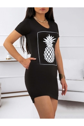 Kadın Ananas Baskılı Kısa Kol Viskon Elbise Bediva 001